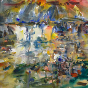 Loose, atmospheric watercolor with layered washes of gray-blue, gold, teal, orange, and mauve. Soft indistinct forms suggest foliage and water reflections with no single dominant element.