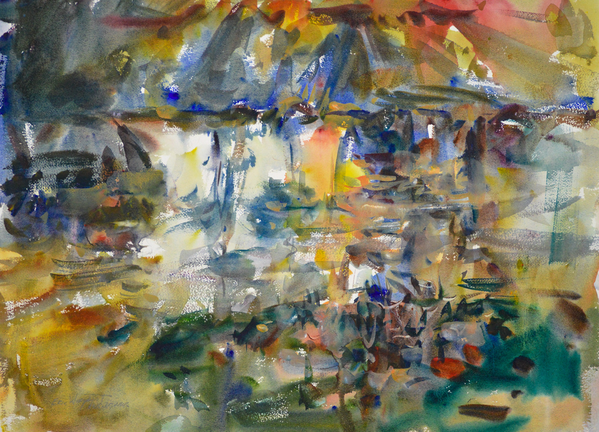 Loose, atmospheric watercolor with layered washes of gray-blue, gold, teal, orange, and mauve. Soft indistinct forms suggest foliage and water reflections with no single dominant element.