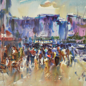 Watercolor harbor market scene with a crowd of figures in the foreground, sailboat masts rising on the right, and blue-purple building facades across the back. A cafe seating area appears at left beneath a warm, luminous sky.