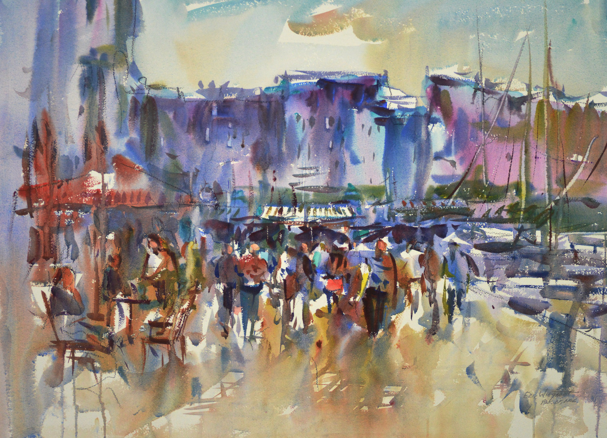 Watercolor harbor market scene with a crowd of figures in the foreground, sailboat masts rising on the right, and blue-purple building facades across the back. A cafe seating area appears at left beneath a warm, luminous sky.