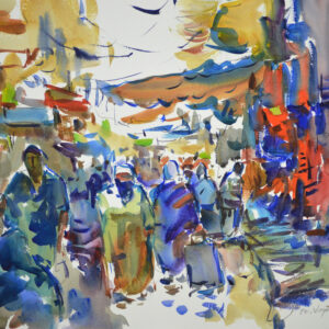 Watercolor of a covered outdoor market packed with figures. Colorful awnings and overhead banners in gold, blue, and orange stretch across the top, while vendors and shoppers in blue, purple, and earth tones fill the lower half in loose, gestural strokes.