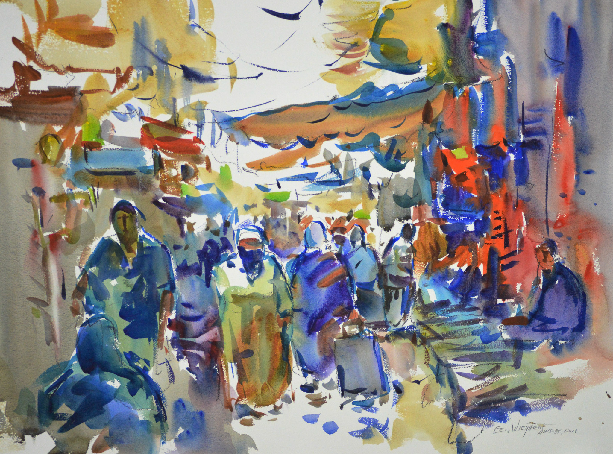 Watercolor of a covered outdoor market packed with figures. Colorful awnings and overhead banners in gold, blue, and orange stretch across the top, while vendors and shoppers in blue, purple, and earth tones fill the lower half in loose, gestural strokes.