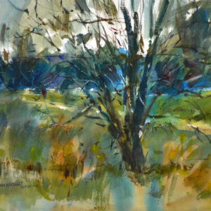 Watercolor of a single bare tree with dark branching limbs rising from a yellow-brown and teal foreground. A dense blue-green treeline fills the middle ground and a soft gray-white sky opens above in a spare, still composition.