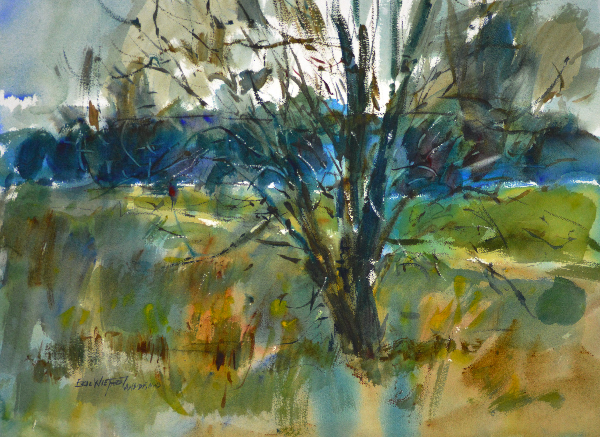 Watercolor of a single bare tree with dark branching limbs rising from a yellow-brown and teal foreground. A dense blue-green treeline fills the middle ground and a soft gray-white sky opens above in a spare, still composition.