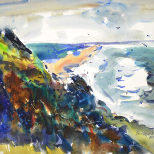 Watercolor coastal landscape with a steep green and rust-brown bluff filling the left side. A wide expanse of gray-blue ocean opens to the right beneath an overcast sky, with a pale sandy strip at the base of the headland and birds scattered across the sky.