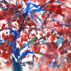 Close-up watercolor of a crab apple tree in full bloom, its sweeping branches rendered in deep cobalt blue. Dense clusters of crimson blossoms fill the entire frame against a reserved white background with touches of yellow-green foliage.
