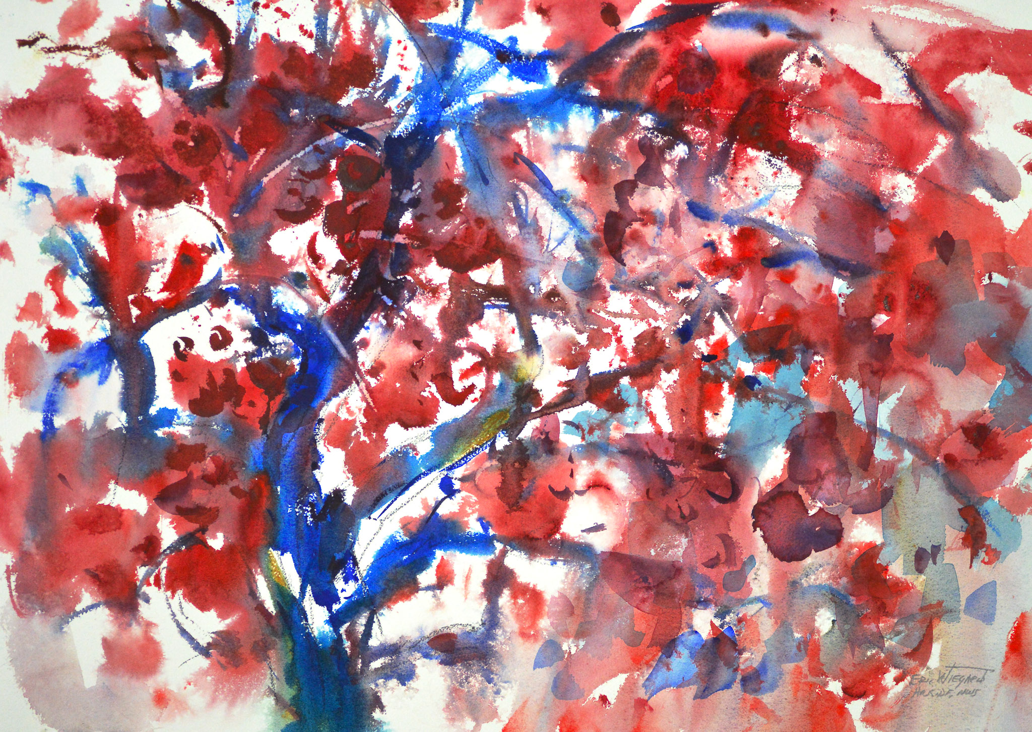 Close-up watercolor of a crab apple tree in full bloom, its sweeping branches rendered in deep cobalt blue. Dense clusters of crimson blossoms fill the entire frame against a reserved white background with touches of yellow-green foliage.