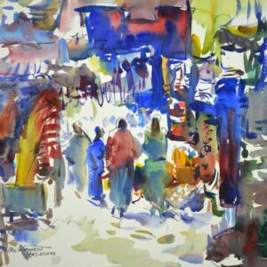 Watercolor outdoor bazaar scene with robed figures moving through a sunlit passageway. Bold blue canopies and architectural forms fill the upper portion, while groups of people cluster in the bright open center beneath.
