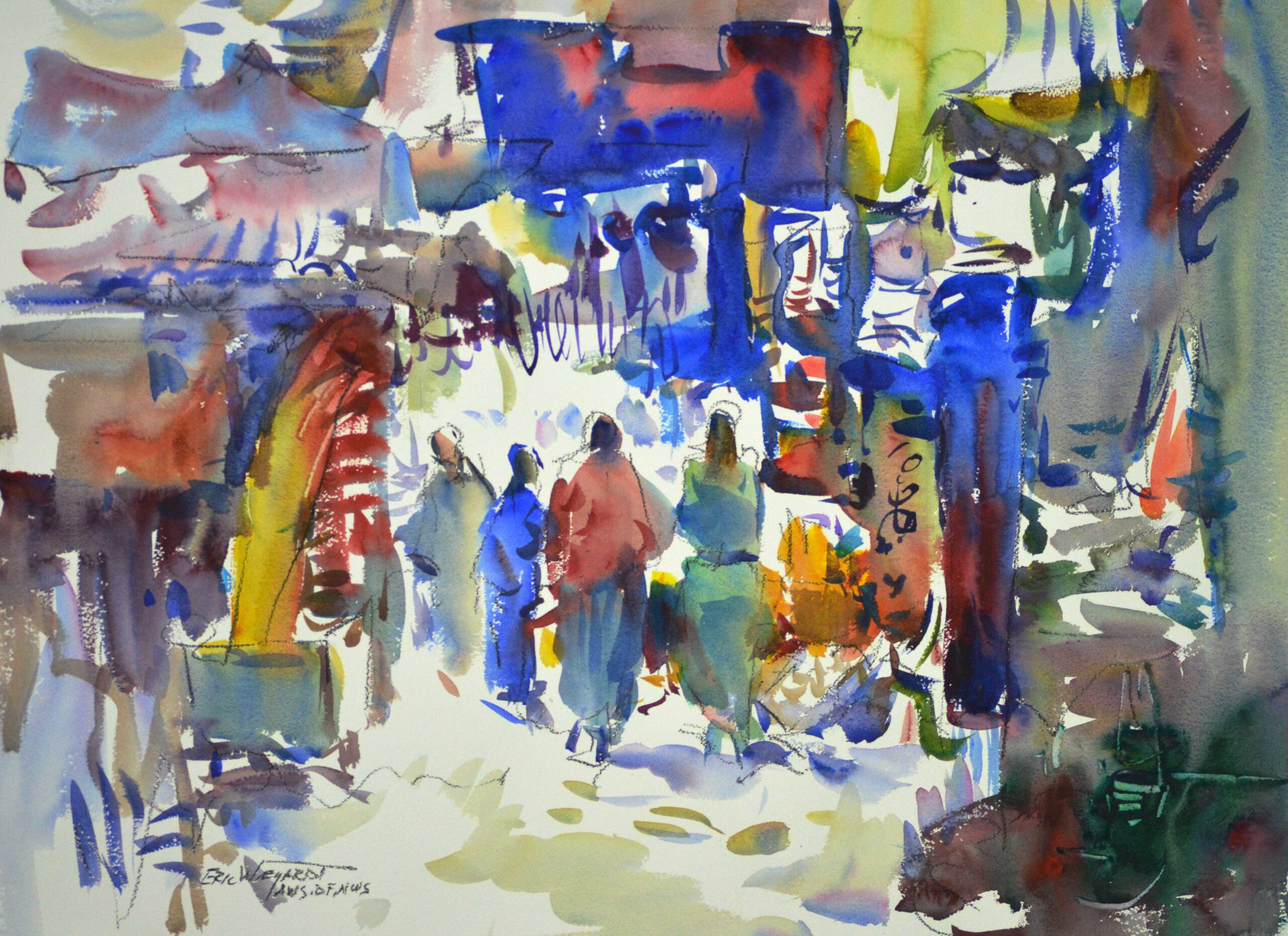 Watercolor outdoor bazaar scene with robed figures moving through a sunlit passageway. Bold blue canopies and architectural forms fill the upper portion, while groups of people cluster in the bright open center beneath.