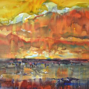 Watercolor of a dramatic sunset over a coastal tide flat, with a sky blazing in layered gold, yellow, and deep orange-red. A row of tiny figures stands along the waterline in the lower middle distance, their reflections rippling in the wet sand below.