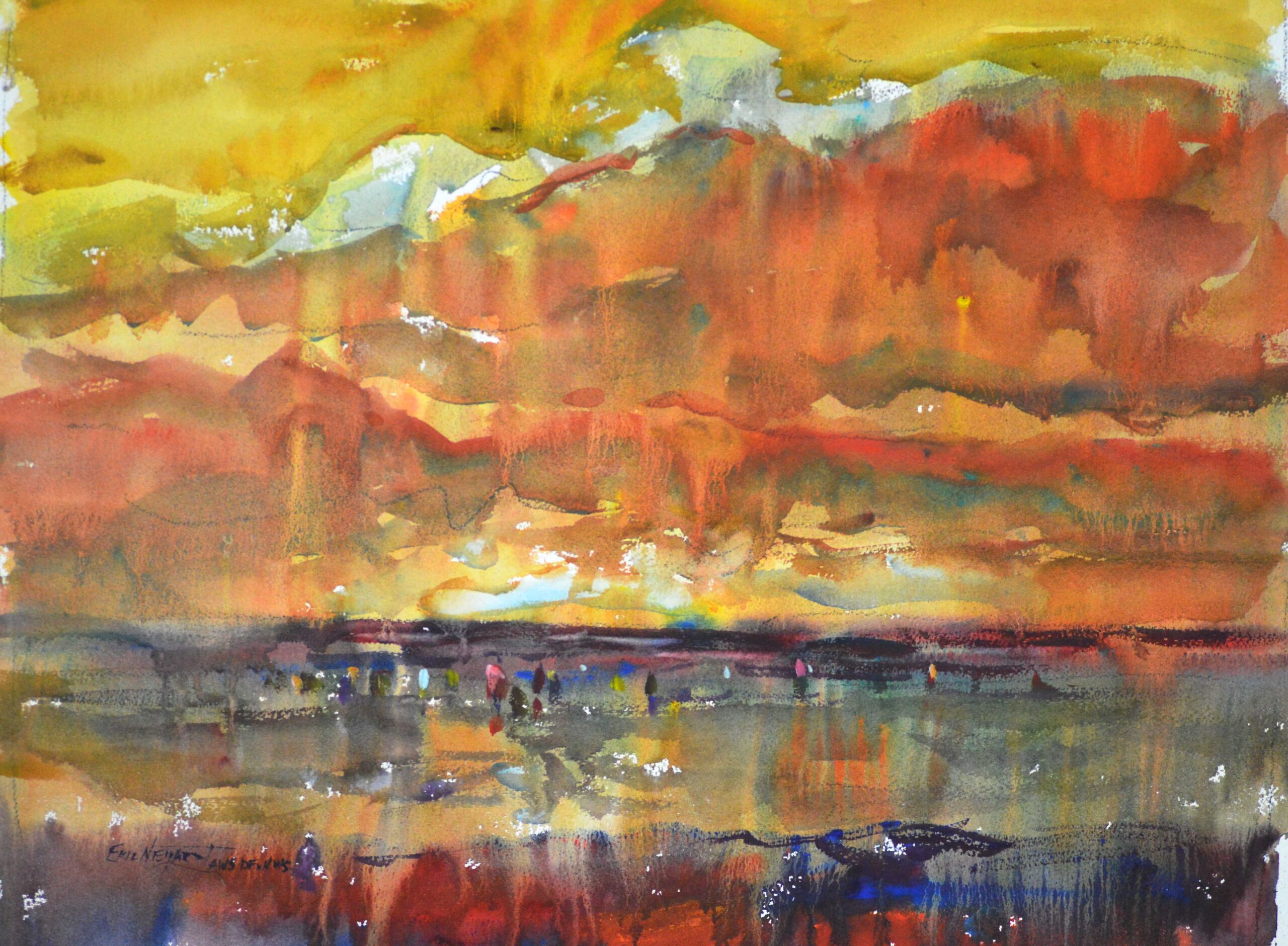 Watercolor of a dramatic sunset over a coastal tide flat, with a sky blazing in layered gold, yellow, and deep orange-red. A row of tiny figures stands along the waterline in the lower middle distance, their reflections rippling in the wet sand below.