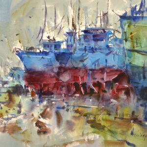 A large fishing boat sits in dry dock, its hull blue above the waterline and deep red below, propped on supports. Masts and rigging rise into a hazy yellow-green sky, and a small figure in orange stands at the base of the hull among the clutter of the yard.