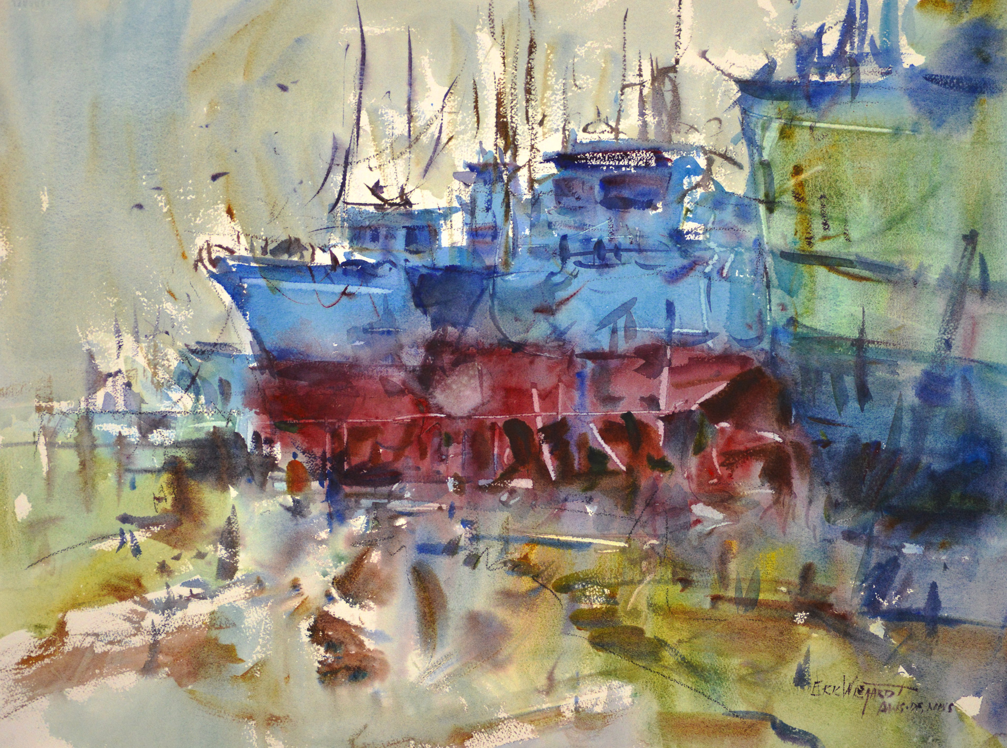 A large fishing boat sits in dry dock, its hull blue above the waterline and deep red below, propped on supports. Masts and rigging rise into a hazy yellow-green sky, and a small figure in orange stands at the base of the hull among the clutter of the yard.