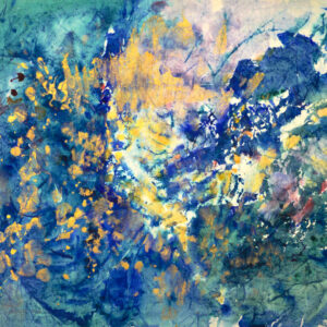An abstract composition of mottled blue, teal, and green washes, with clusters of golden yellow scattered across the surface like sunlit foliage. Textured blooms and splatters radiate from a pale, luminous center toward deeper blue edges.