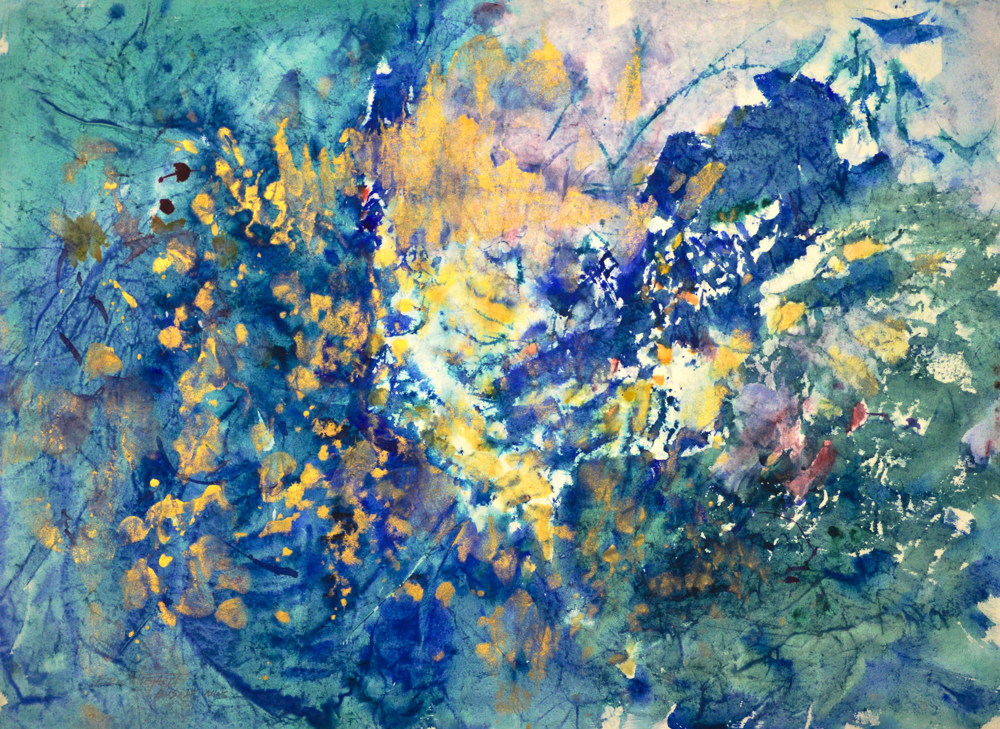 An abstract composition of mottled blue, teal, and green washes, with clusters of golden yellow scattered across the surface like sunlit foliage. Textured blooms and splatters radiate from a pale, luminous center toward deeper blue edges.