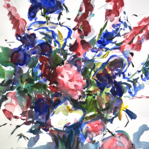 White calla lilies, rose-red foxglove spires, and deep blue blossoms spill from a pale vase set against a white background. Green foliage and loose dark line work weave through the arrangement, which casts a soft gray shadow across the table.