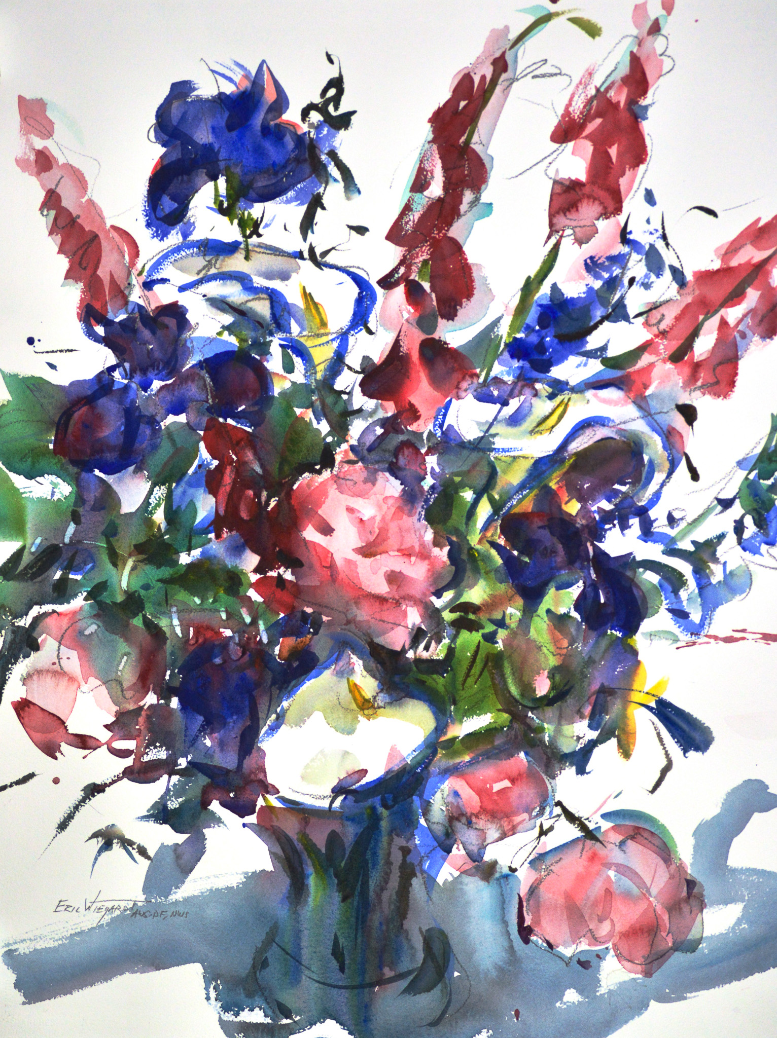 White calla lilies, rose-red foxglove spires, and deep blue blossoms spill from a pale vase set against a white background. Green foliage and loose dark line work weave through the arrangement, which casts a soft gray shadow across the table.