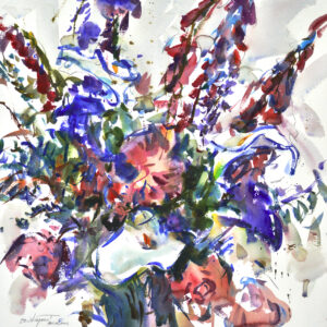 A loose bouquet of white calla lilies, crimson foxgloves, and violet-blue blooms fans outward against a white background. Dark green leaves and sweeping blue strokes surround a soft pink rose near the center.