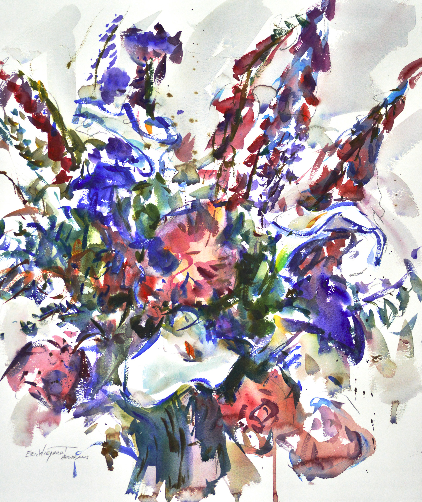 A loose bouquet of white calla lilies, crimson foxgloves, and violet-blue blooms fans outward against a white background. Dark green leaves and sweeping blue strokes surround a soft pink rose near the center.