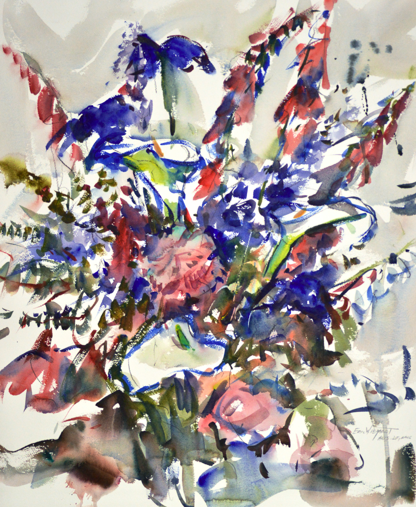 A dense floral arrangement of blue and violet blossoms, red foxglove spires, and pale pink roses rising against a soft gray background. Curving blue stems and dark green leaves knit the bouquet together, with touches of yellow-green at its heart.