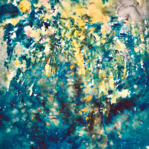 A vertical abstract in deep teal and blue, with a column of pale yellow light falling through mottled, foliage-like shapes. Scattered white flecks and small gold marks glint across the darker lower half.