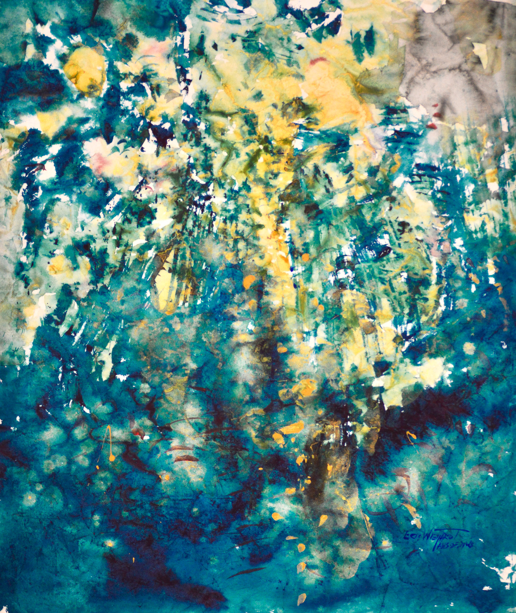 A vertical abstract in deep teal and blue, with a column of pale yellow light falling through mottled, foliage-like shapes. Scattered white flecks and small gold marks glint across the darker lower half.