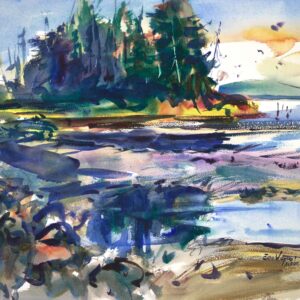 Watercolor estuary landscape with a dark mass of conifers on a central landform surrounded by blue-purple water. The sky glows orange and yellow in the upper right, and loose green foliage fills the lower left foreground.