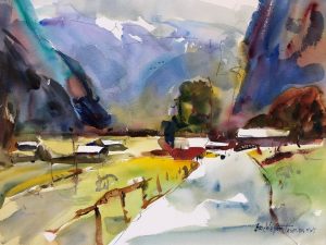 2023-10 Mentoring Demo Painting of Swiss Farmland by Eric Wiegardt AWS-DF, NWS