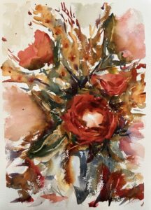 An abstract, limited pallet painting of a bouquet of flowers with burnt orange, gold and green tones.