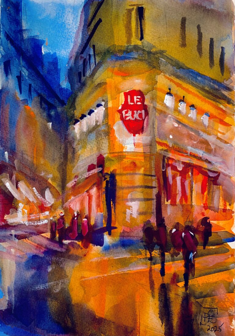 Café Le Buci at night, a famous bank café in Paris.