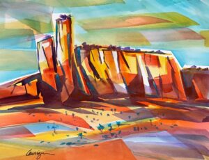 The intense colors of the south west mesas in New Mexico are so inspiring. Using a flat brush and minimum colors I swept across my paper to give my impression of the geometric shapes I saw.