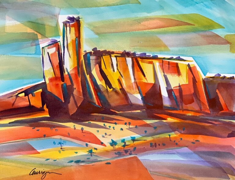 The intense colors of the south west mesas in New Mexico are so inspiring. Using a flat brush and minimum colors I swept across my paper to give my impression of the geometric shapes I saw.