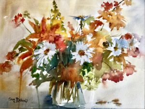 This floral relies on outside edges to define its ragged shapes. Soft edges capture the melted colors inside the bouquet, while the hard edges and shadows on the white daisies capture an area of interest for the viewer.