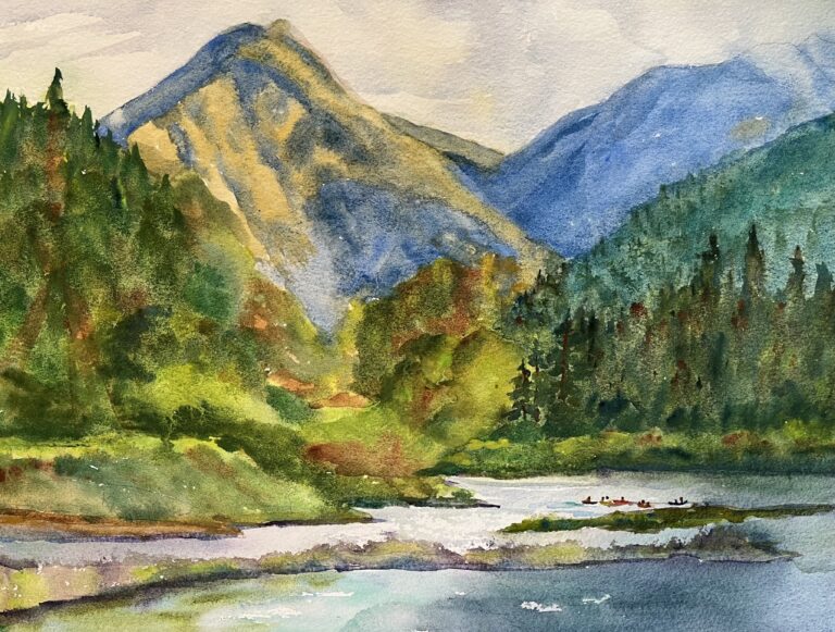 This painting captures the evening light shining on the steep terrain above the river in Leavenworth, WA. The rafters catch the viewer’s eye as they float down the river.