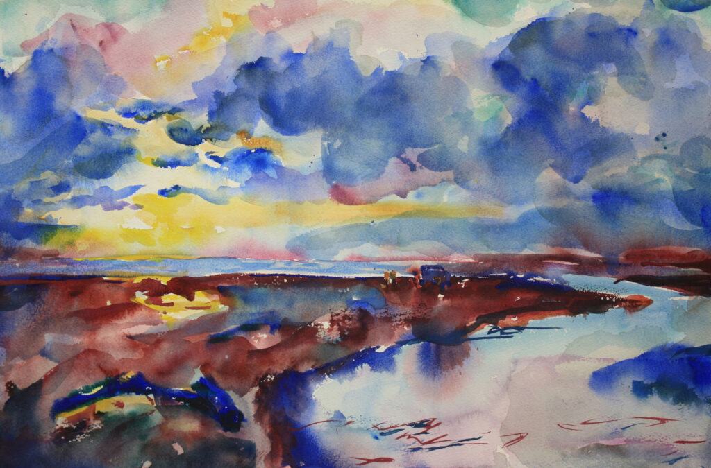 In this watercolor painting I focused on color and expressive brushstrokes to evoke the feeling of the warmth of the sun's glow just before it sets. Also, I explored washes in the clouds and the reflections on a stream flowing out with the tide. Two people and their car are shown enjoying the experience. This painting was done after listening and learning from looking at Eric's paintings in class.