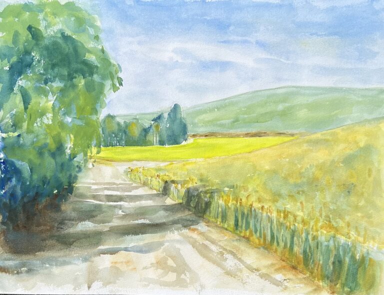 The painting shows the different crops of wheat, canola, and peas as they change colors before harvest. The day was sunny and warm.