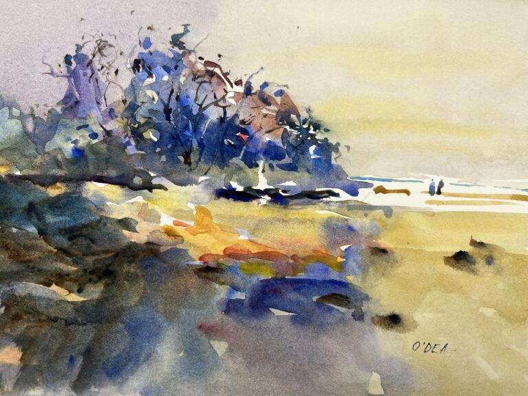 Two people in the distance looking out and beyond the imaginary land.