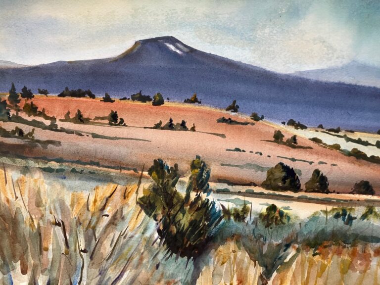 The warmth of the magical New Mexico landscape. It is that color of burnt land that I tried to capture... a sort of Quin Burnt Orange with Opera pink, dotted with green junipers.