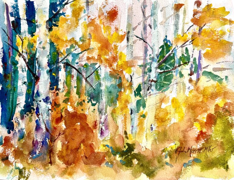 I like how the yellows, and splashes of reds, in the abstracted foliage play off the darks of the background evergreens. The foliage also serves to break the strong verticals of the light tree trunks.