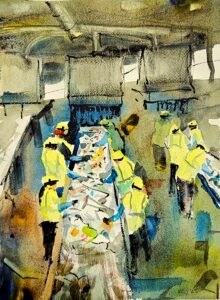 I attempted to capture the abstract qualities of the scene--the contrasts and composition--as well as the gloominess and activity. The background is painted primarily with a very loose pour and scrape technique reserving most of the simple brushstrokes for the foreground elements.