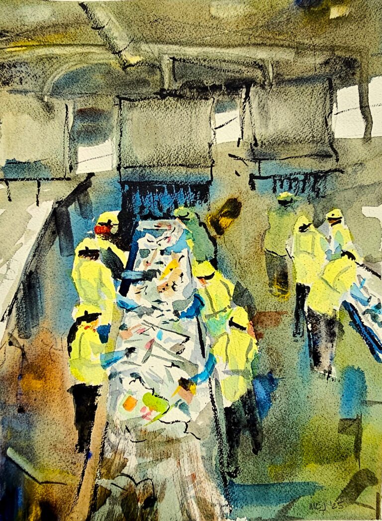 I attempted to capture the abstract qualities of the scene--the contrasts and composition--as well as the gloominess and activity. The background is painted primarily with a very loose pour and scrape technique reserving most of the simple brushstrokes for the foreground elements.