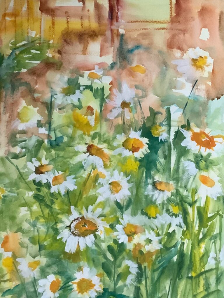 I simplified the background near the flowers and used a limited palette to express a harmony and the soft feeling of my discovery. I used saved some whites and used some Chinese white to enhance the flowers.
