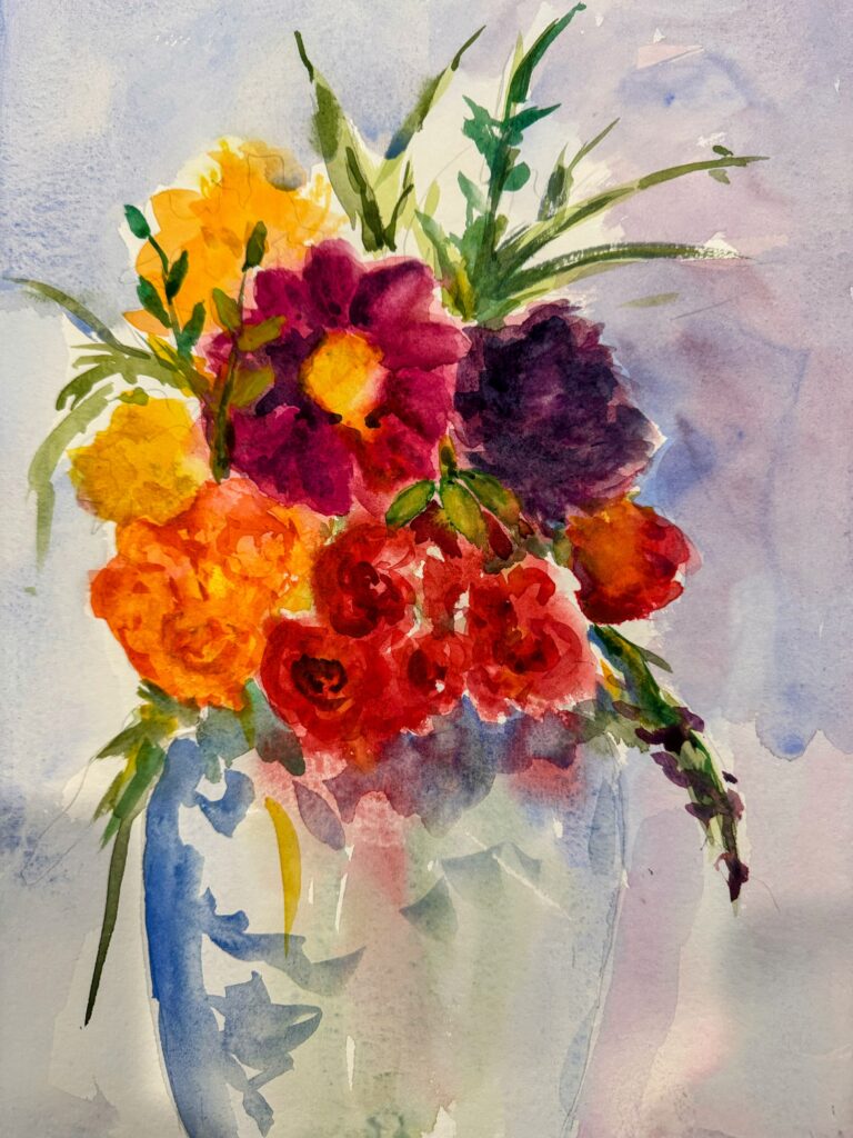 A colorful watercolor of various flowers from Laura’s garden