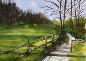 This was a picture taken on a road that gave me such a feeling of peace and seclusion, which I feel I captured in this painting. The light and shadow by the fence caught my eye, which became my area of dominance.