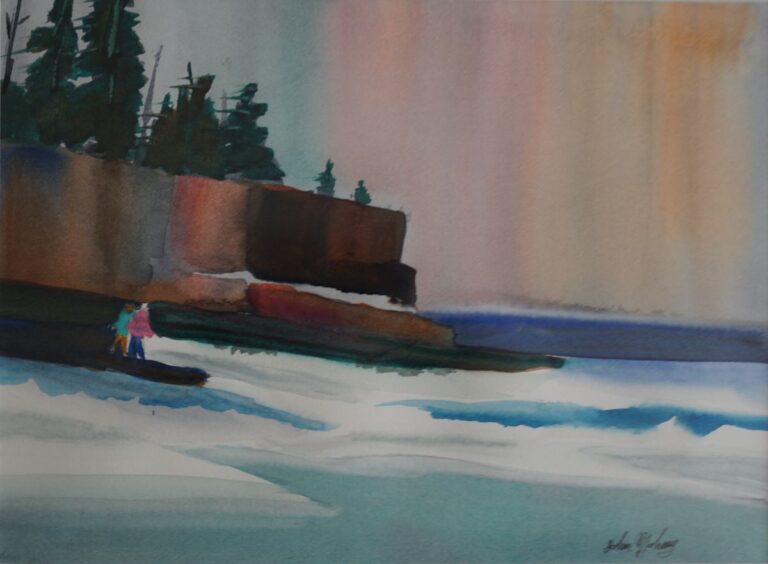 A colorful watercolor painting depicting the Arago headland with waves coming on shore. I used red, blue yellow and burnt sienna to give pleasing colors to this somewhat abstract painting.