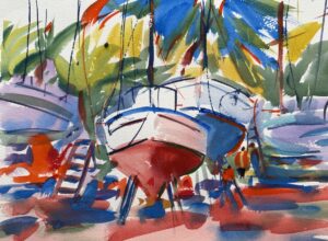 Painting of the Cortez boatyard quick brushstrokes trying to express the sense of place while using color some of which are not expected while keeping the values . This was an assignment from Eric's mentoring class in winter of 2025.