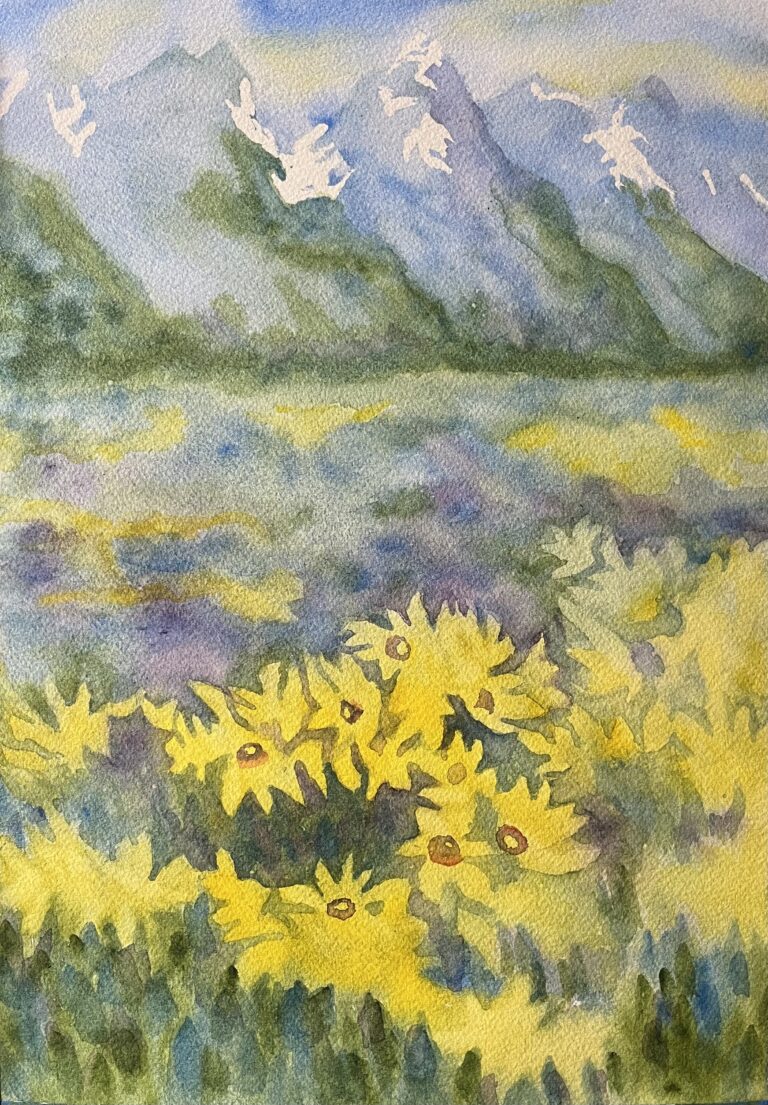 Balsamroot flowers in foreground, loose impressions of sagebrush and flowers in midground, and tall mountains on the distant horizon.
