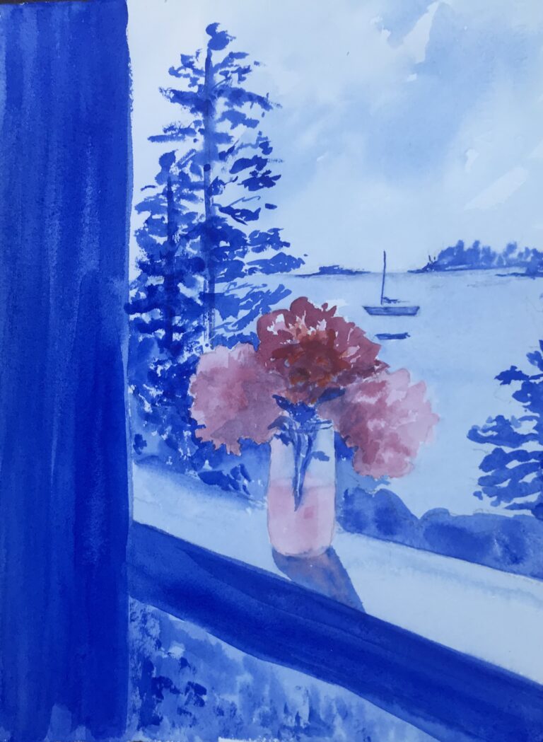 I used cobalt and ultramarine blues for my sky and background, so right away this painting differs from Wyeth’s earth colors and conveys a brighter feeling. For the peonies I used mostly alizarin crimson with touches of blue for the shaded areas and a dash of cadmium red in the center of the red flower, which for me is the area of dominance. The background landscape is painted fairly flat in shades of blue while the darkest blue of the window frames the scene. The wide flat windowsill is left a very light blue to suggest strong sunlight.