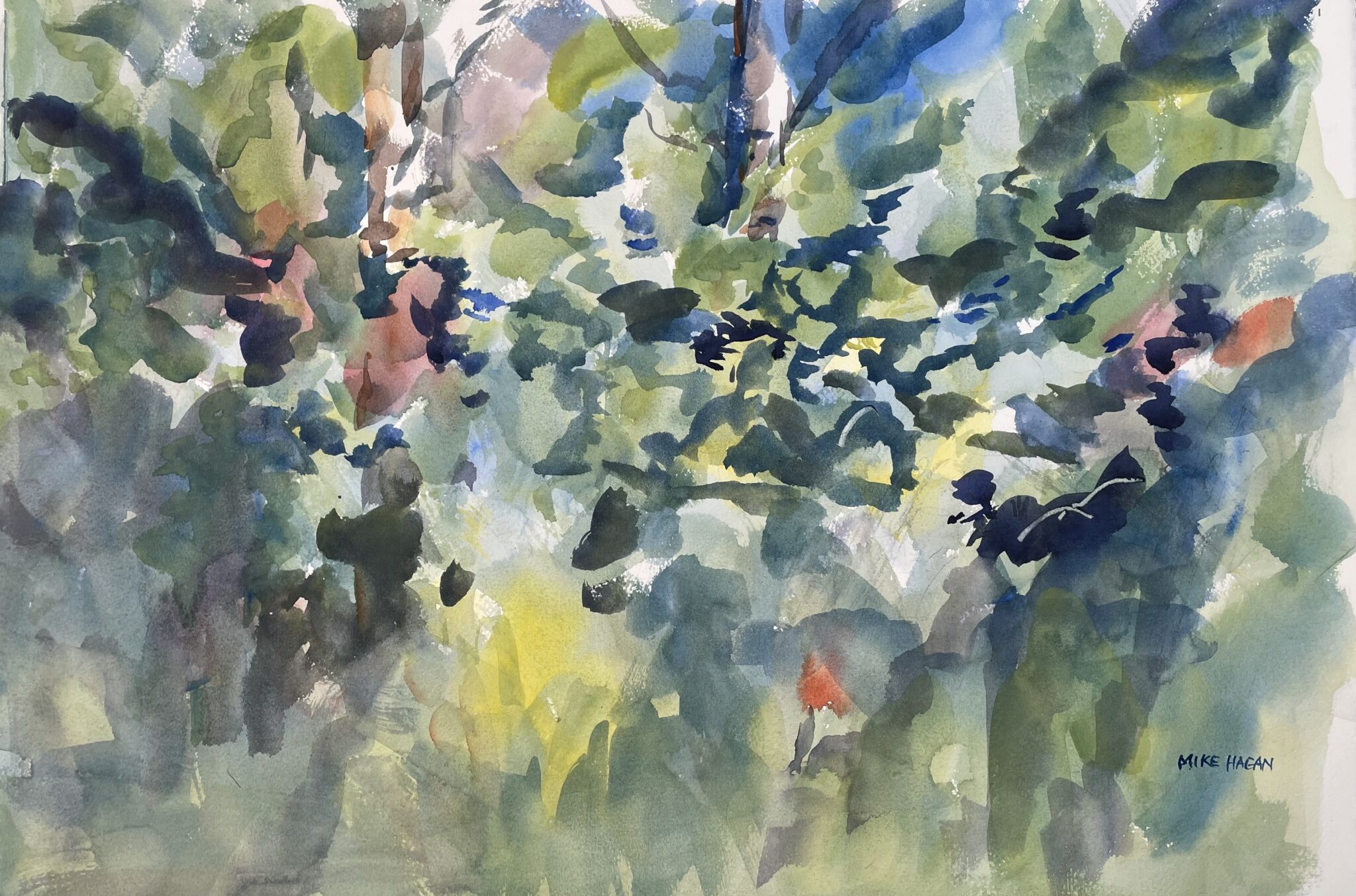 An abstract forest view using cool colors with hints of light and warm splashes. Fun.