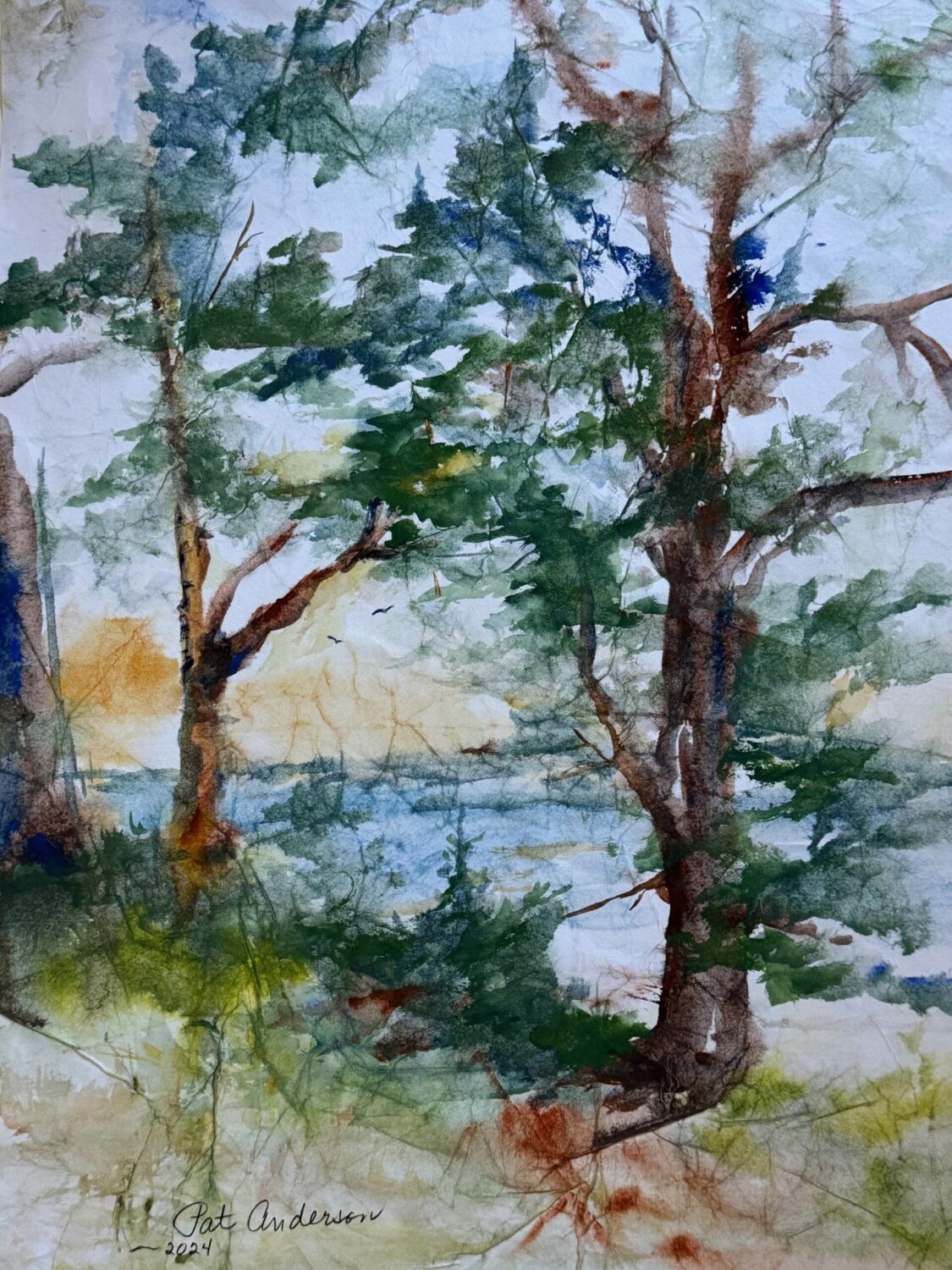 A Walk Among the Trees, original watercolor painting on Masa paper. The scene is mainly of two evergreen trees on a hill overlooking the ocean water with a golden and light blue sky behind.